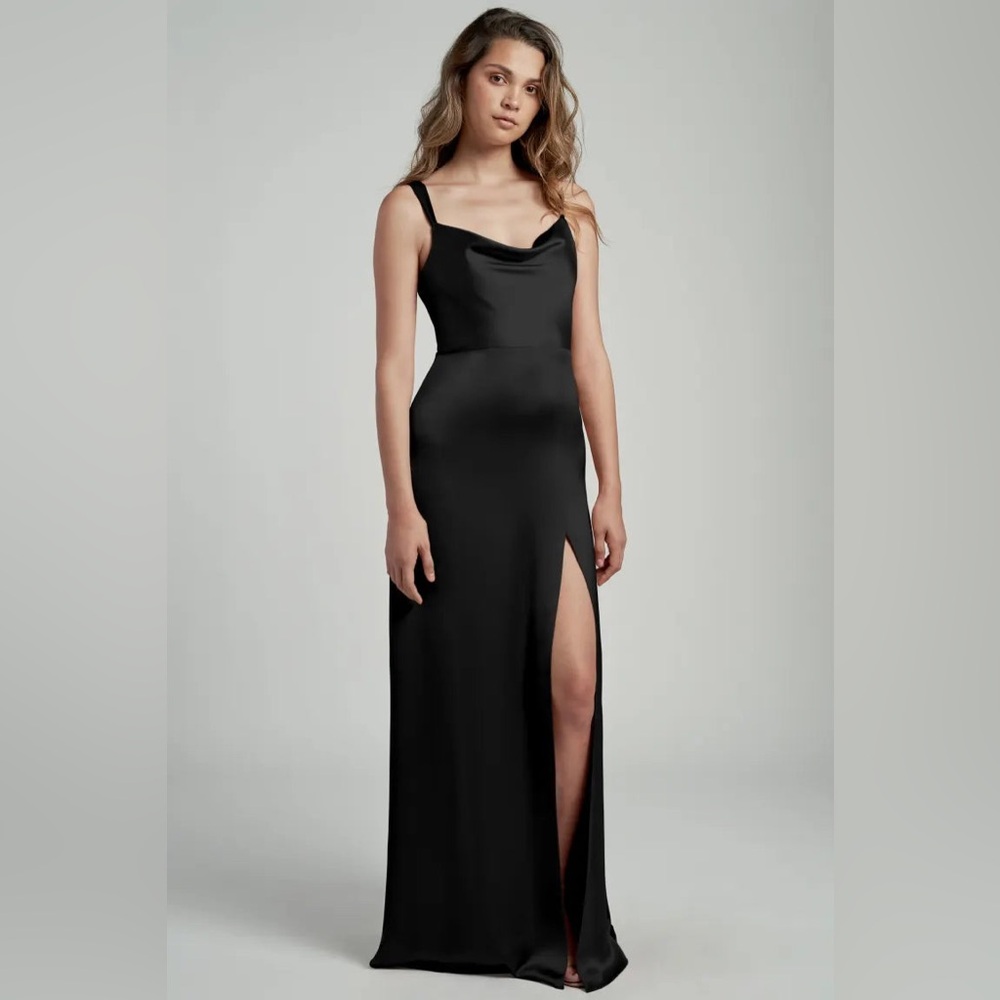 Jenny Yoo Collection Gina Dress Satin Cowl Neck Maxi Gown Slit In Black Size 12